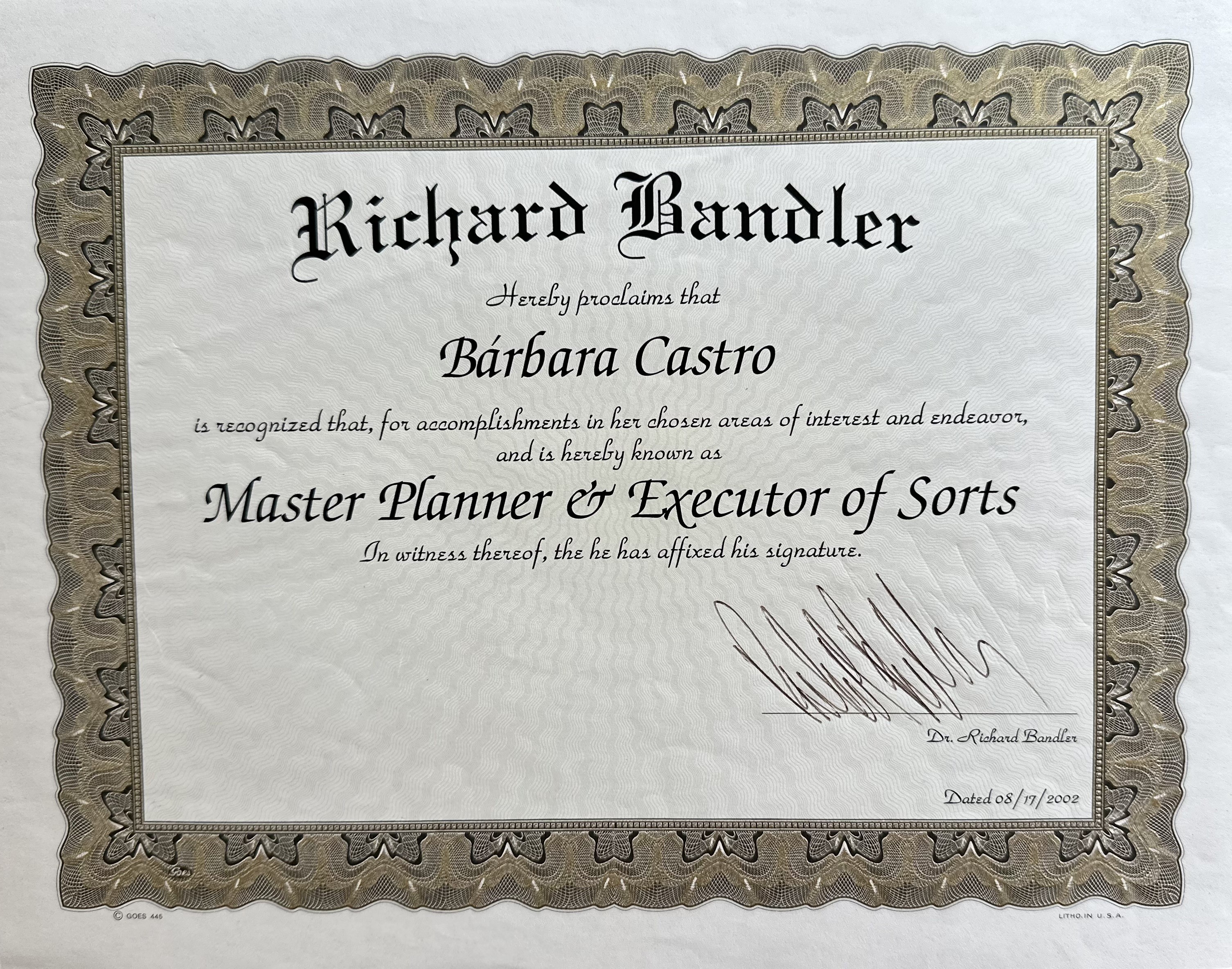 Diploma Richard Bandler — Bárbara Castro