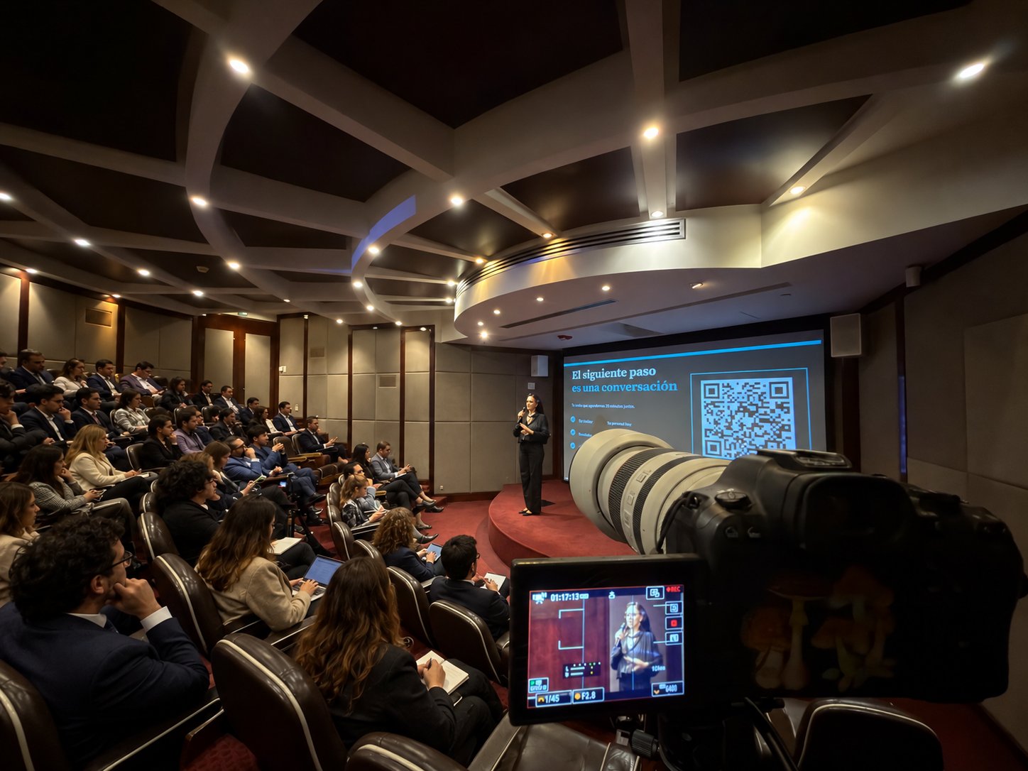Bárbara Castro dando una conferencia ante un auditorio lleno en el Club 51